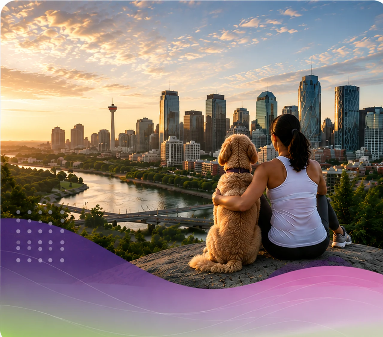 Woman sitting with her dog overlooking the Calgary skyline